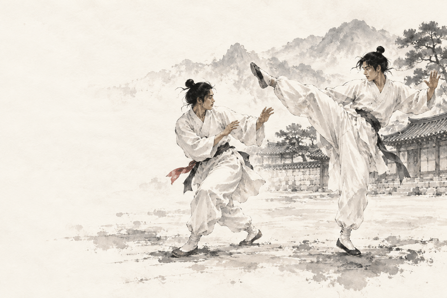 택견의 몸짓을 모티브로 제작한 수묵화풍 시안 일러스트